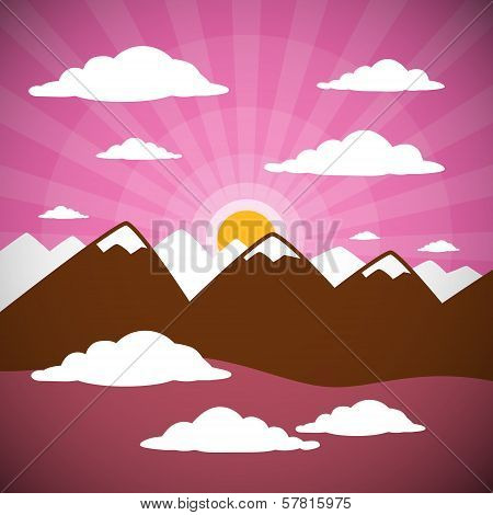 Nature Abstract Mountains Illustration With Clouds, Sun Set, Pink Sky