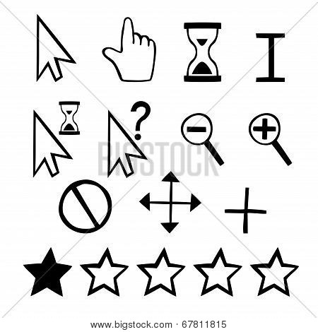 Hand drawn vector cursors icons: finger hand and magnifier and rating stars