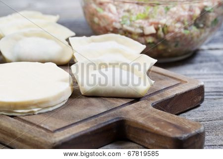 Closeup View Of Chinese Dumplings In Wrapers