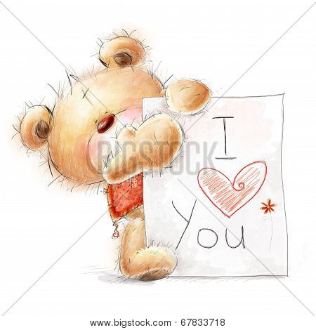 Cute Teddy bear with the big paper with the text.Love design.I love you