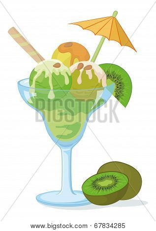 Glass with ice cream, kiwifruit and nuts