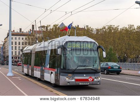 Lyon, France - November 1 :trolleybus On Lafayette Bridge On November 1, 2013 In Lyon, France. Lyon