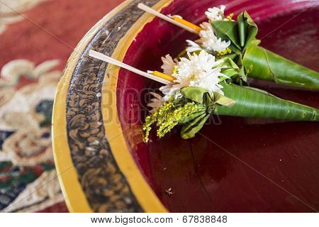 Bouquet With Candle And Joss Stick