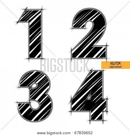 art sketched set of vector character classic black fonts, figures 1, 2. 3. 4