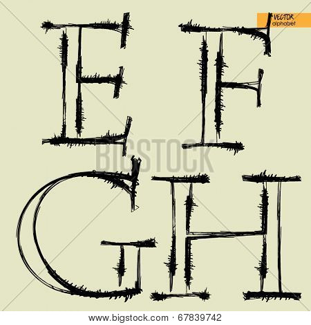 art simple classical alphabet in vector, silhouette black grunge handmade font, letters E, F, G, H