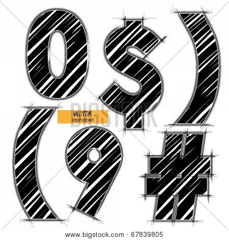 art sketched set of vector character classic black fonts, figures 0, 9 and  number, $ and brackets marks