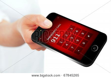 Hand Holding Mobile Phone With Emergency Number 911