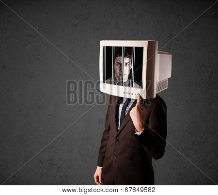 Business man with monitor screen on his head traped into a digital system concept