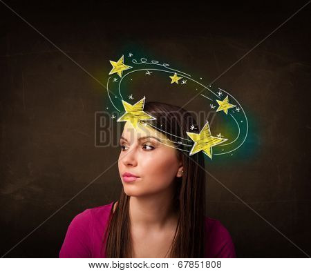 Young girl with yellow stars circleing around her head illustration