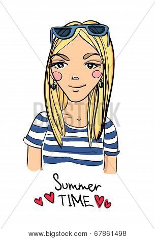 Hand Drawn Vector Illustration - Summer Girl. Line Art