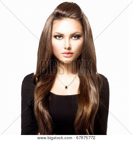 Beauty Woman Portrait. Beautiful Girl looking at camera. Long Healthy and Shiny Smooth Brown Hair. Front view Model Brunette Girl over white background. Beautiful make up. Hair Extensions 