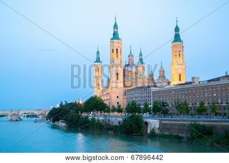 Our Lady of the Pillar Basilica with Ebro River Zaragoza, Spain