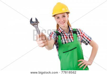 Constructon worker female with wrench isolated on white