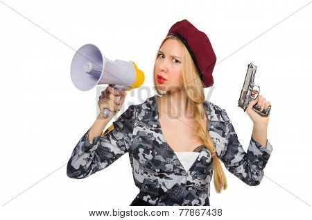Woman soldier with gun and loudspeaker isolated on white