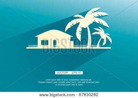 Styled bungalows and palm trees white with flat shadows on a blue background. vector background