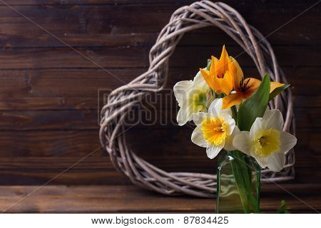Background With Fresh Tulips, Narcissus And  Decorative Heart