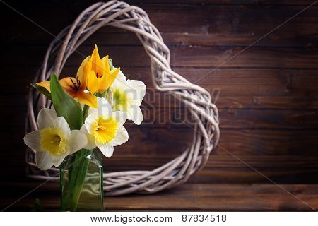 Background With Fresh Tulips, Narcissus And  Decorative Heart