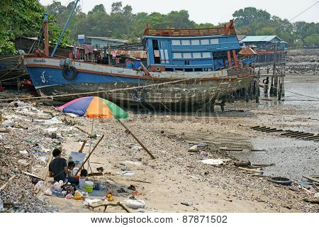 The Artist Draws A Fishing Boat.