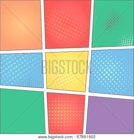 colorful template of comic book page with rays, stars, dots, halftone background
