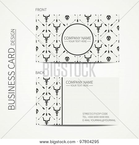 Geometric monochrome business card template with with ethnic arrows, skull for your design. Tribal n