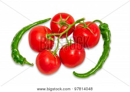 Branch Of Tomatoes And Two Green Peppers Chili