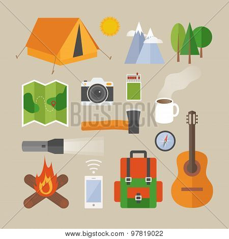 Flat Design Modern Vector Illustration Concept Of Camping. Objects, Icons, Infographics Elements