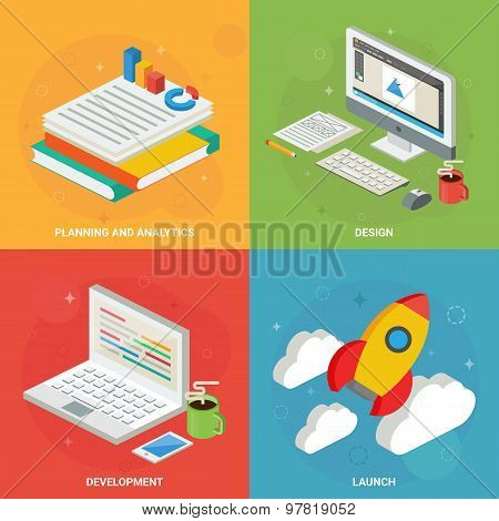 Web Development Process Concept - Planning And Analytics, Design, Development, Launch.