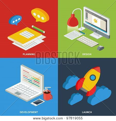 Web Development Process Concept - Planning, Design, Development, Launch.