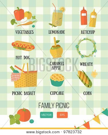 Vector family picnic. Summer, spring barbecue and picnic icons set. Flat style.
