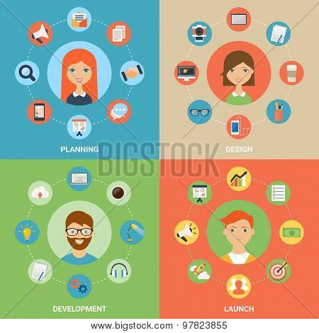 Vector Illustration For Web: Planning, Design, Development And Launch Processes With  Characters
