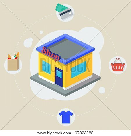 Shop Isometric Building, Flat Icons, Stylish Background Vector Illustration