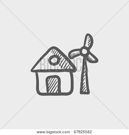 House with windmill sketch icon for web and mobile. Hand drawn vector dark grey icon on light grey background.