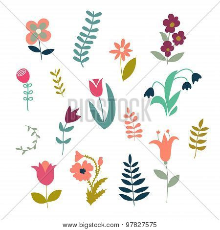 Set of simple cute plants and flowers