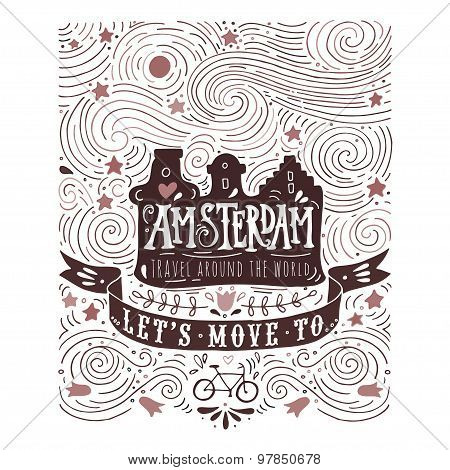 Hand Drawn Vintage Label With Amsterdam Canal Houses In Van Gogh Style