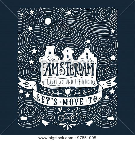Hand Drawn Vintage Label With Amsterdam Canal Houses In Van Gogh Style