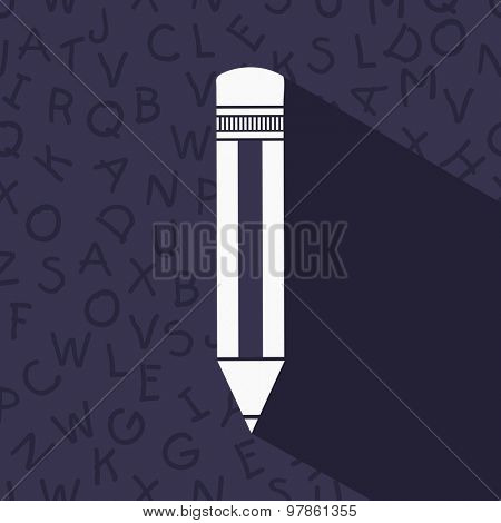 Illustration of a pencil on alphabetical decorated purple background.
