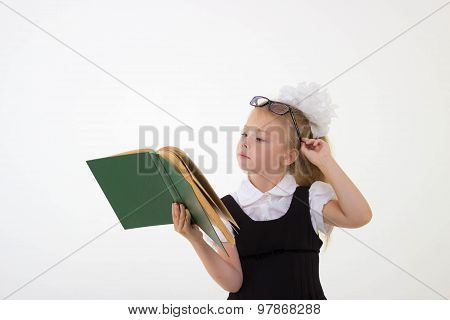 Little Girl Reading Book, Preparing For School, Isolated