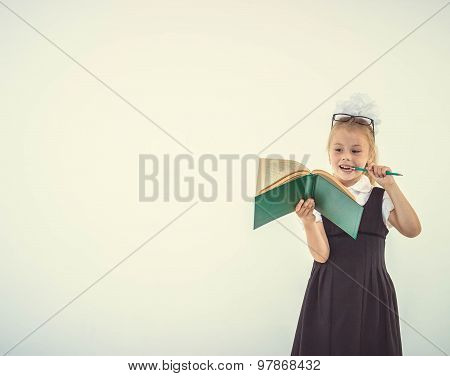 Little Girl Reading Book, Preparing For School, Isolated