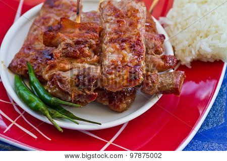 Grill Sour Pork From Thailand,bamboo Shoot Salad Northeastern Style,soup Nor Mai,thai Food.
