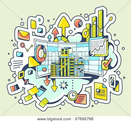 Vector Color Illustration Of Analytical Work On Light Background.