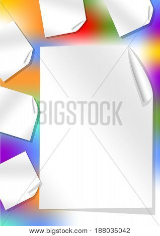 Leaflet background with rainbow stain and white papers for own text with rolled corners