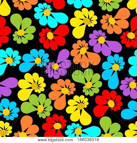 Strong contrasting seamless background with asymmetrical flowers on black area