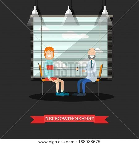 Vector illustration of doctor neurologist examining his patient male with reflex hammer. Medical clinic interior. Flat style design.
