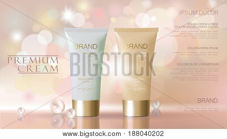 Delicate pearl pink cosmetic ad. Beige white face cream mask tube reflection package mockup blurred defocused shiny background template art vector illustration
