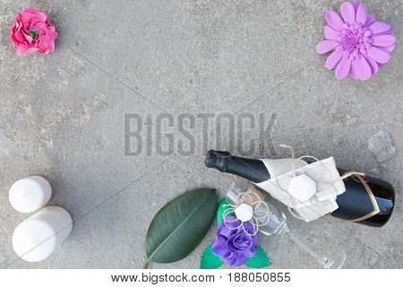 Love romantic concept flat lay top view champagne bottle on concrete background