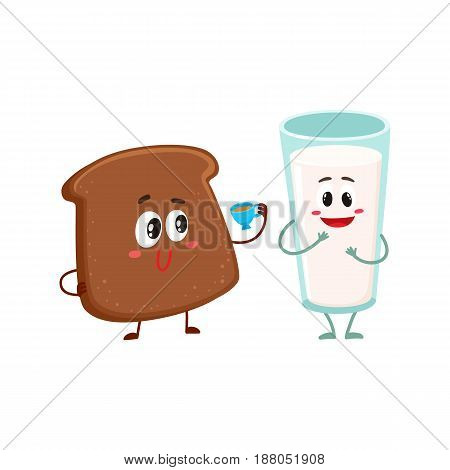 Funny dark, brown bread slice and milk glass characters, breakfast combination, cartoon vector illustration isolated on a white background. Brown bread slice and glass of milk characters, mascots