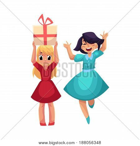 Two girls at birthday party, one dancing, jumping excitedly, another holding big gift, cartoon vector illustration isolated on white background. Happy girls having fun at birthday party