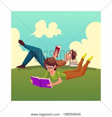 Boy, man reading book and woman in glasses reading book while lying on her stomach on the grass, cartoon vector illustration isolated on white background. Man and woman reading book