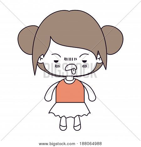 silhouette color sections and light brown hair of kawaii little girl with collected hair and facial expression unsavory vector illustration