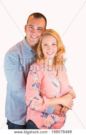 Young Hispanic Man With Blue Shirt and Young Caucasian Woman Wearing Pink Blouse